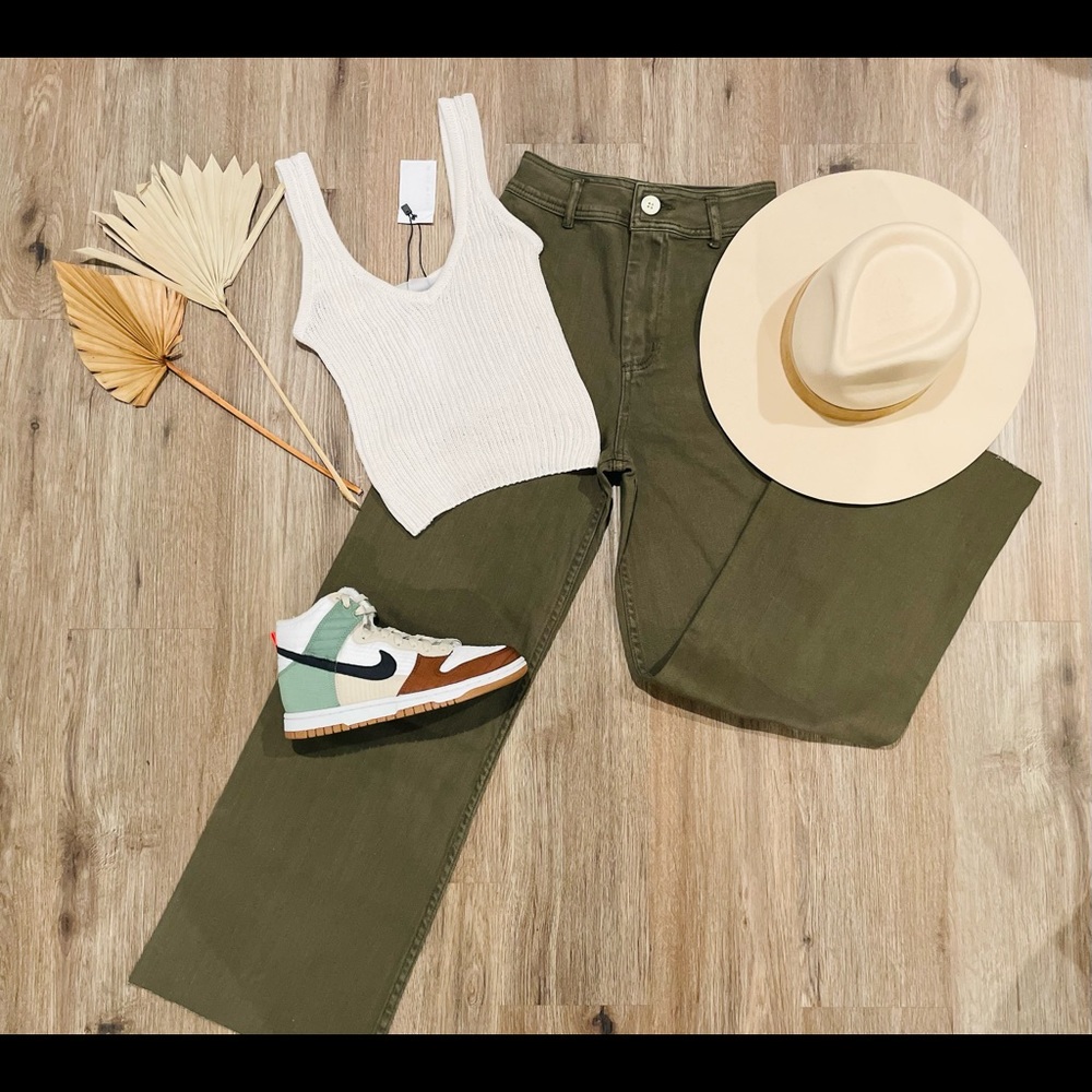 Olive green pants. Wide leg high rise